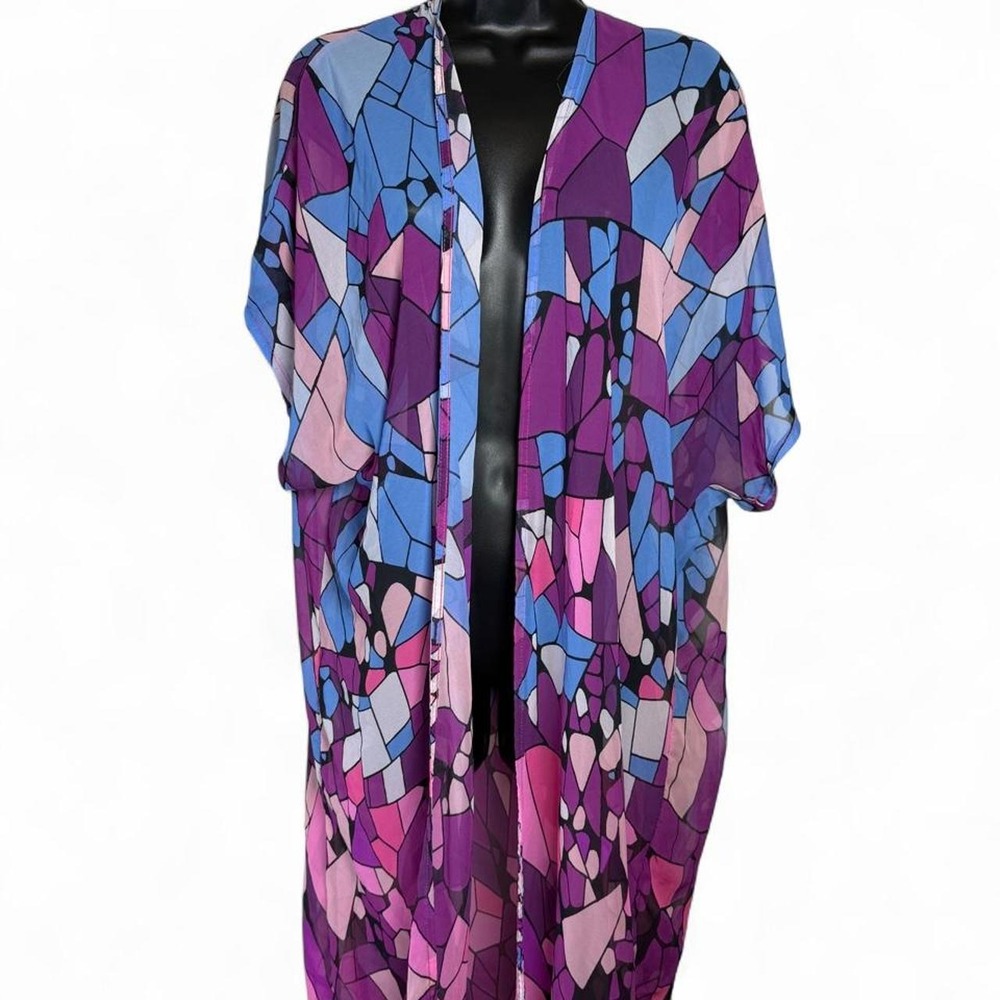 Retro Maximalism Abstract Stained Glass Mosaic Sheer Mesh Open Front Maxi Duster